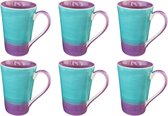 Mok - Beker - Set van 6 stuks mokken/bekers - Keramiek - Handgemaakt en 100% hand painted - Paars/turquoise - 350 ml