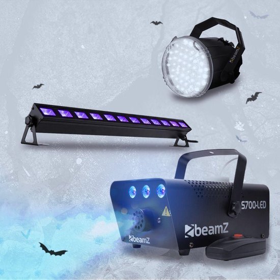 BeamZ Halloween set met Rookmachine met LED ijs effect, Blacklight bar en LED stroboscoop - BeamZ