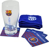 FC Barcelona Official Wordmark Mini Football Bar Set (Pint Glass, Towel & Beer Mats) (Clear/Blue/Scarlet)