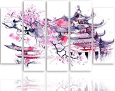 Schilderij , Japans huis , zwart wit roze ,4 maten , 5 luik , wanddecoratie , Premium print , XXL