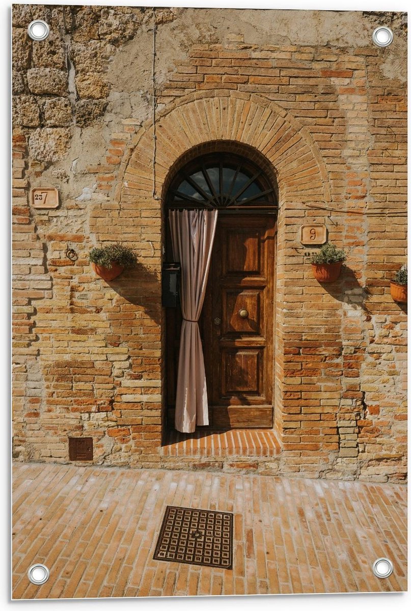 Tuinposter – Voordeur Klein Bruin Huisje - 40x60cm Foto op Tuinposter (wanddecoratie voor