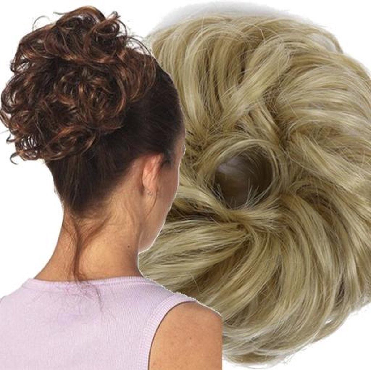 Messy Hair Bun | Curly Haar Wrap Extension Donker Blond | Inclusief Luxe Bewaarzakje.