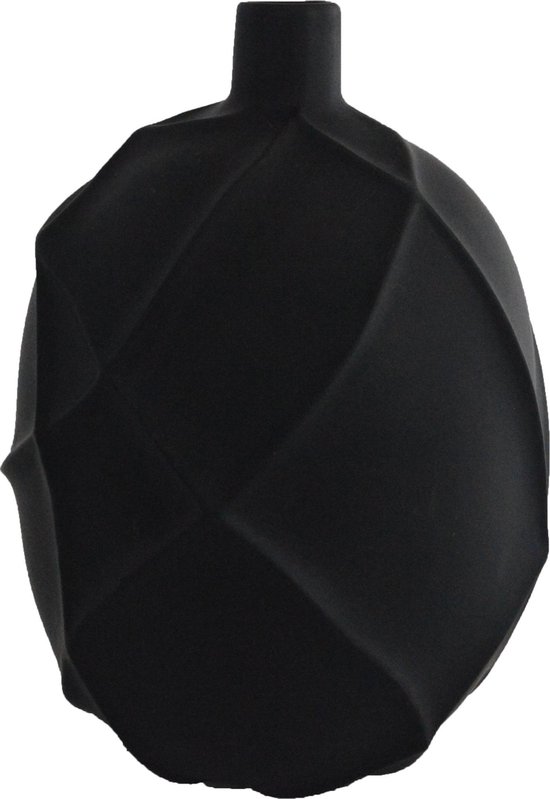 Light&Living - Vaas - Medium - Keramiek - mat zwart met decoratieve randjes - 19 cm doorsnede x H 27 cm