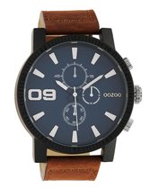 OOZOO Timepieces - Zwarte horloge met bruine leren band - C10672 - Ø50