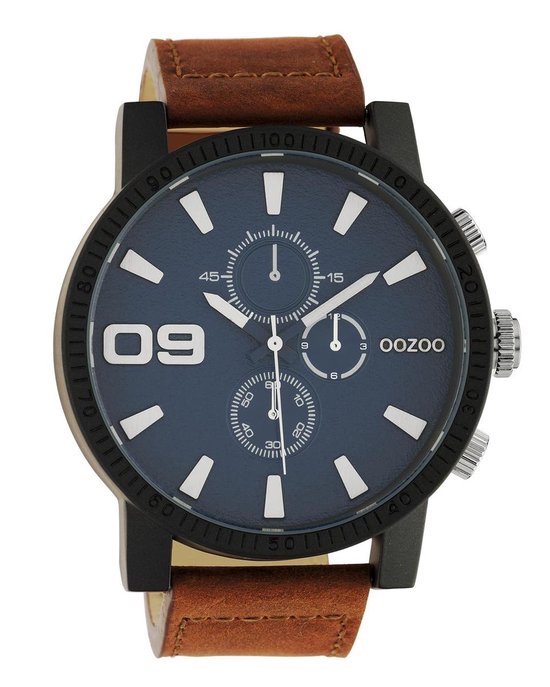 OOZOO Timepieces - Zwarte horloge met bruine leren band - C10672 - Ø50 |  bol.com
