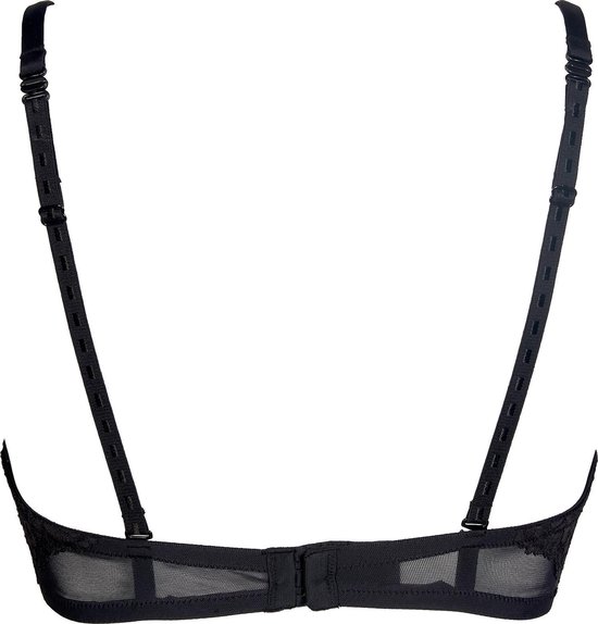 Achterkant van een zwarte strapless beha met kant aan de zijkanten, verstelbare bandjes en haakjessluiting.