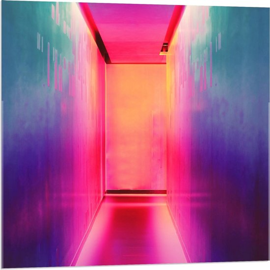 Acrylglas - Gang met Blauwe en Roze Lichtgevende Muren - 80x80cm Foto op Acrylglas (Met Ophangsysteem)