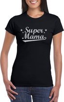 Super mama cadeau t-shirt met zilveren glitters op zwart voor dames - kado shirt voor moeders M