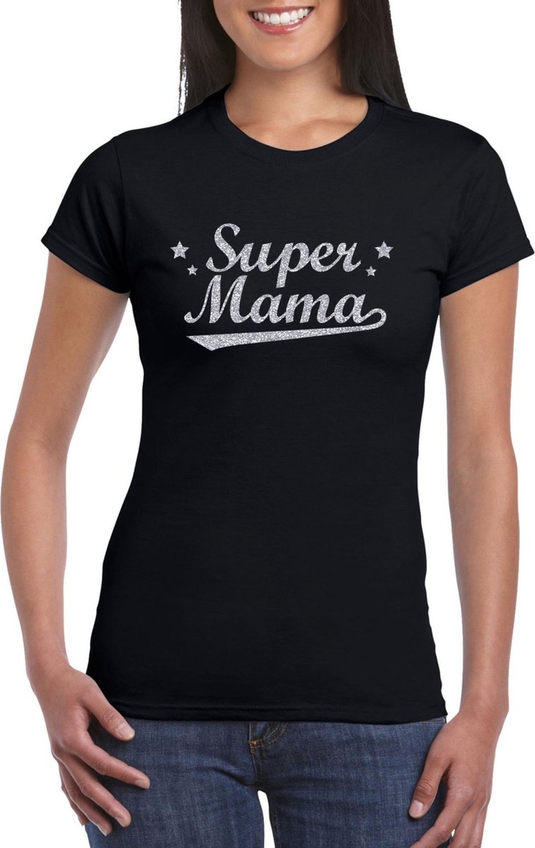 Afbeelding van product Bellatio Decorations  Super mama cadeau t-shirt met zilveren glitters op zwart voor dames - kado shirt voor moeders M  - maat M