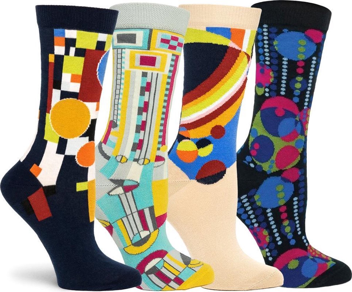 OZONE | Set van 4 Dames Sokken | Frank Lloyd Wright collectie | Unisize | Comfort en stijl | Geschenkset | Levensboom, tuinmuurschildering, Saguaro, glazen ballonnen