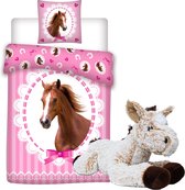 Paarden dekbedovertrek 140 x 200 cm, incl. zachte paarden knuffel - 32 cm -Beige - kinderen slaapkamer eenpersoons dekbed