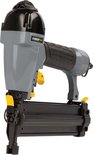 Grijze en zwarte pneumatische tacker met zwarte grip en gele trekker.