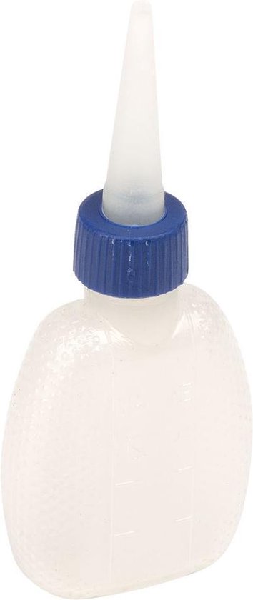 Klein doorzichtig flesje met een blauwe dop.