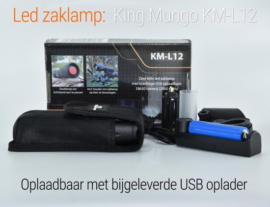 Zaklamp Led Oplaadbaar 2000 mAh complete set incl Oplaadbare batterij Militaire Zaklamp - 1000 lumen Zeer Fel - Cadeau voor man - King Mungo KM-L12 - King Mungo