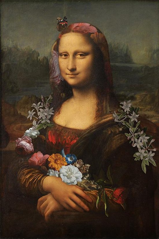 WallQ De Bloemige Mona Lisa | Poster op Textielframe | Wanddecoratie | Muur foto | 80x120 cm