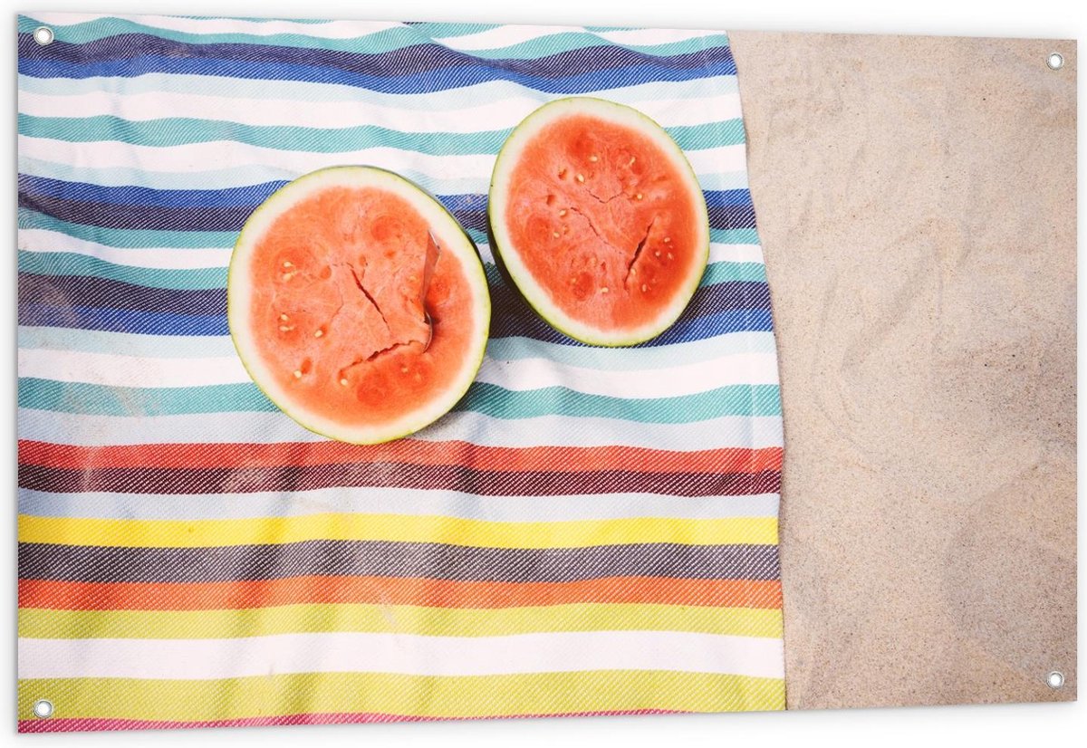 Tuinposter – Watermeloen op Gestreepte Handdoek - 120x80cm Foto op Tuinposter (wanddecorat