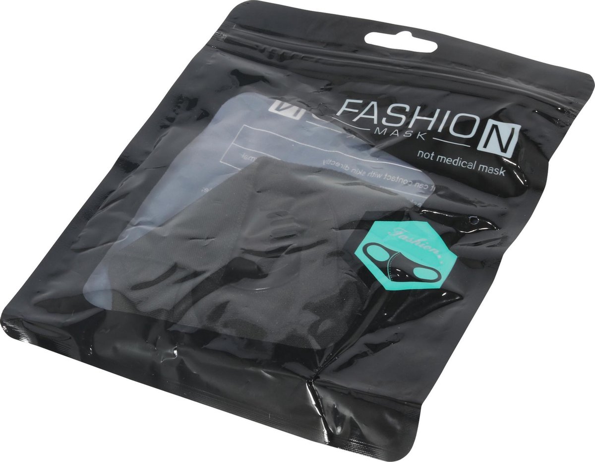 Mondkapje zwart wasbaar elastisch verpakt per set van 5 mondkapjes - Fashion Mask