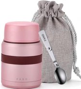 Thermos lunchbox - Lunchpot - Voedseldrager - Voedselcontainer  - Yoghurtbeker - 500 ml - Draagzak met koord - Lepel - Roze