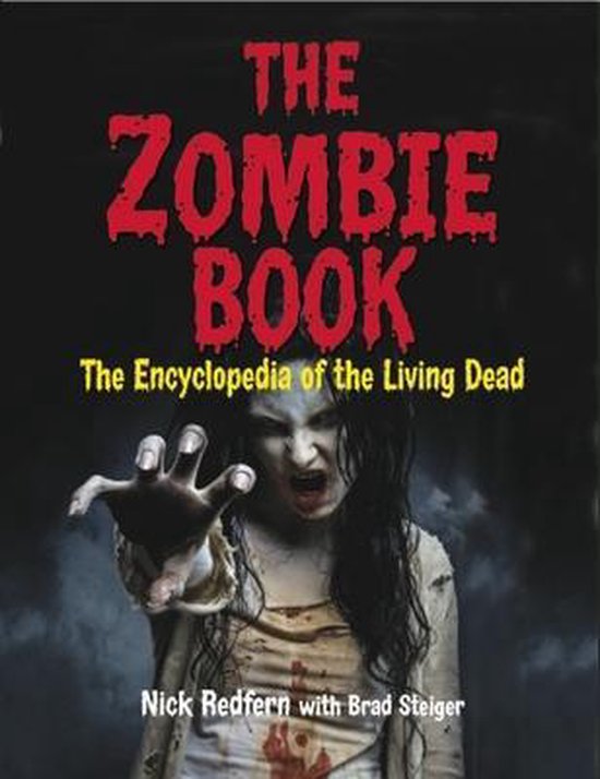 Boekomslag van "The Zombie Book" met een enge zombie met uitgestoken hand en bloedvlekken op de kleding.