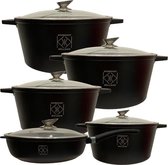 Kookkunst Holland pannenset inductie met glazen deksels - 10 delig - zwart Ø 21, 25, 28, 28 & 32 cm