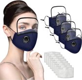 4 stuks blauw kleur Gezichtsbedekkingen - spatmasker - Gezichtscherm - Gelaatscherm Spatscherm voor Dames Heren Katoen Wasbaar Herbruikbaar met filter en afneembaar oogschild, stof