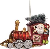 Viv! Christmas Kerstornament - Trein kerstman met kerstboom - glas - rood - groot - 17cm