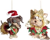 Viv! Home Luxuries Kerstornament - Hondjes Teckel en Yorkshire Terrier - set van 2 - glas - rood goud groen - 15cm