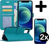 Hoes voor iPhone 12 Pro Max Hoesje Book Case Met 2x Screenprotector Met Dichte Notch - Hoes voor iPhone 12 Pro Max Hoes Wallet Cover Met 2x Screenprotector - Turquoise