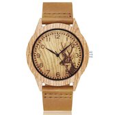 Houten horloge met leren band en hertje