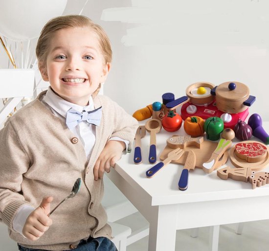 koppeling kosten Inwoner Luxe houten speelgoed 29 delig, eten voor kinderen, keuken, snijden van  groenten en... | bol.com