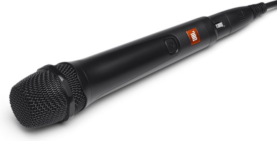 Microphone JBL noir avec logo JBL rouge, câble visible