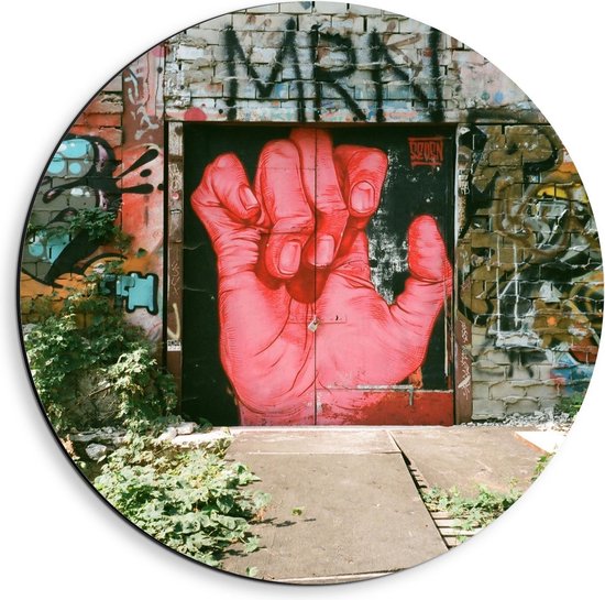 Dibond Wandcirkel - Muurschildering Rode Hand - 40x40cm Foto op Aluminium Wandcirkel (met ophangsysteem)