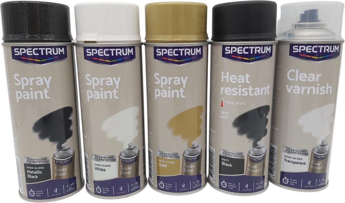 Spray paint set - verschillende kleuren spuitbussen - Spuitbus verf - Graffiti verf - Zwart/ wit/ goud/mat zwart/ transparant - Sneldrogende acrylaat lak voor ondergronden van hout, metaal, aluminium, glas, steen en kunststof - leuke set