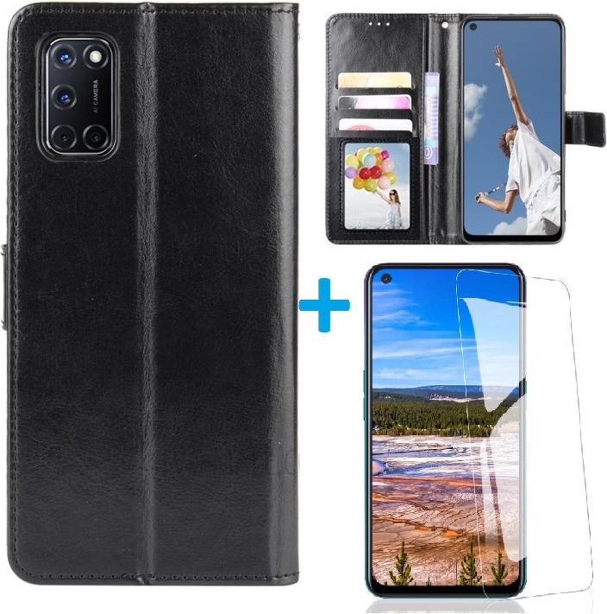 Telefoonhoesje Geschikt voor: Oppo A52 / A72 / A92 hoesje book case zwart + Tempered Screenprotector
