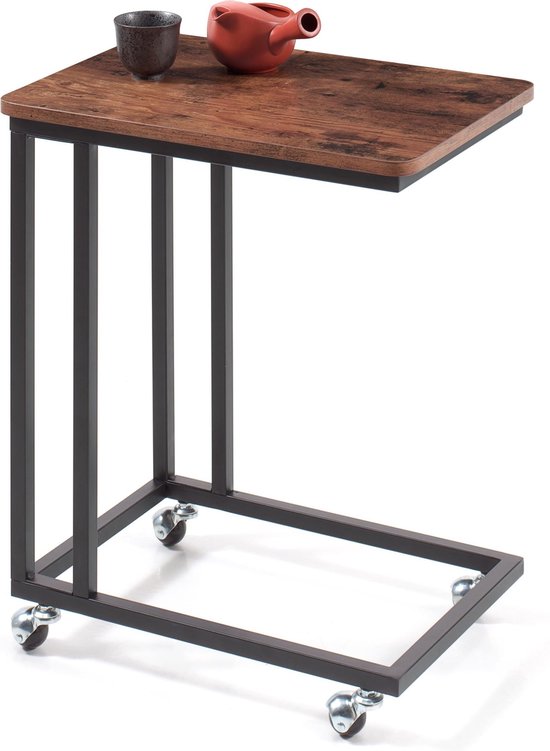 Table d'appoint sur roulettes Acaza - Look vintage - 50x35x60cm - Marron / Noir