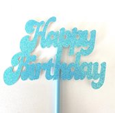 Taartdecoratie versiering| Taarttopper| Cake topper |Happy Birthday| Verjaardag| Licht blauw glitter|14 cm| karton