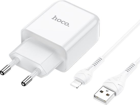 HOCO N2 Vigour - Compacte USB Oplader - Reislader - EU Plug - Universele 10W Lader + USB naar Lightning Kabel - Voor Apple iPhone - Wit