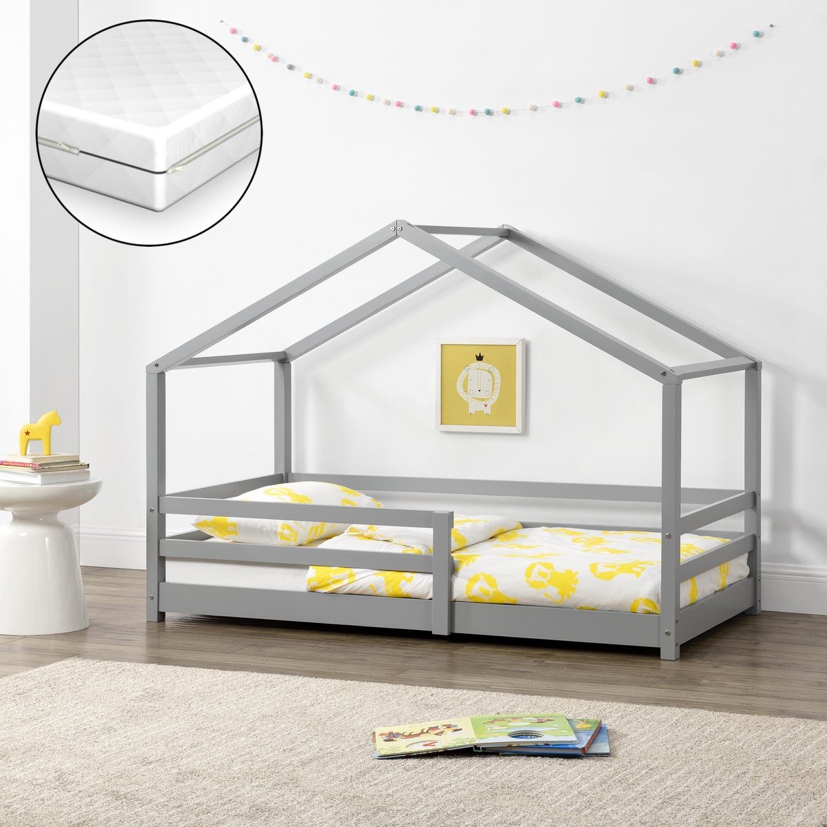 en.casa Kinderbed Knätten grenen met matras 70x140 cm lichtgrijs