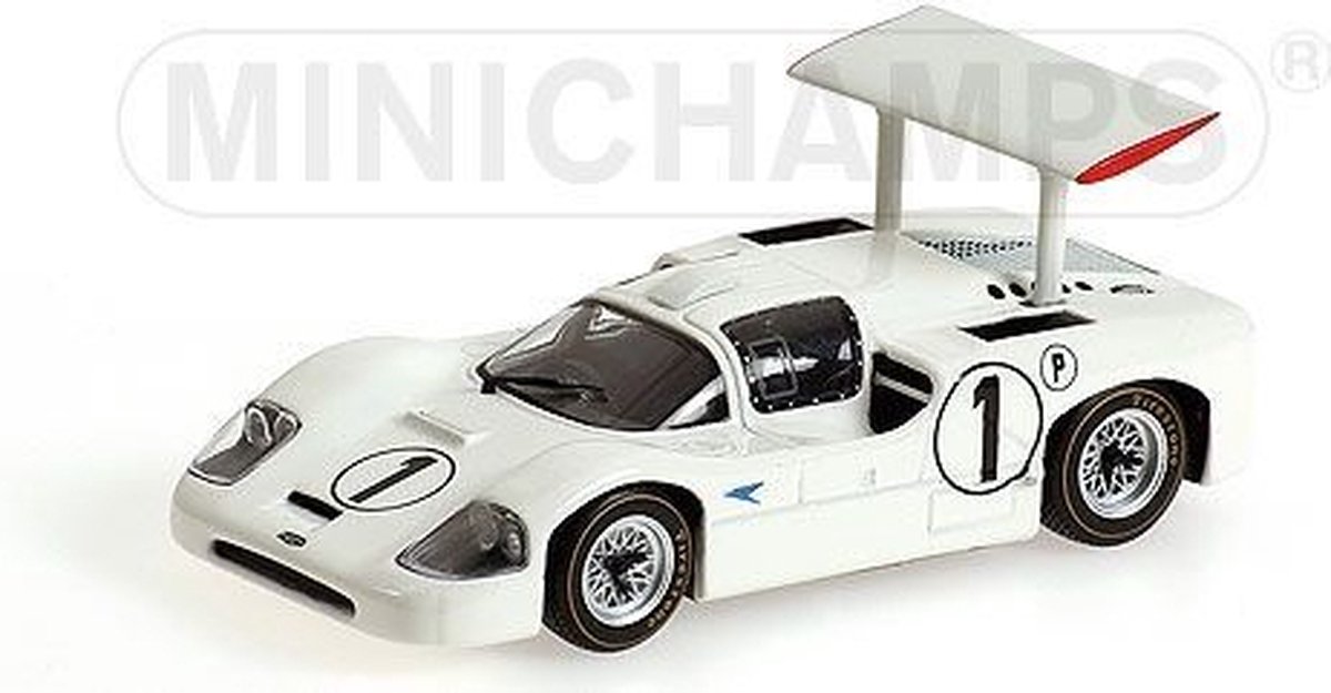De 1:43 Diecast Modelcar van de Chaparral 2F #1 Winnaar van de Brands Hatch 500 1967. De fabrikant van het schaalmodel is Minichamps.