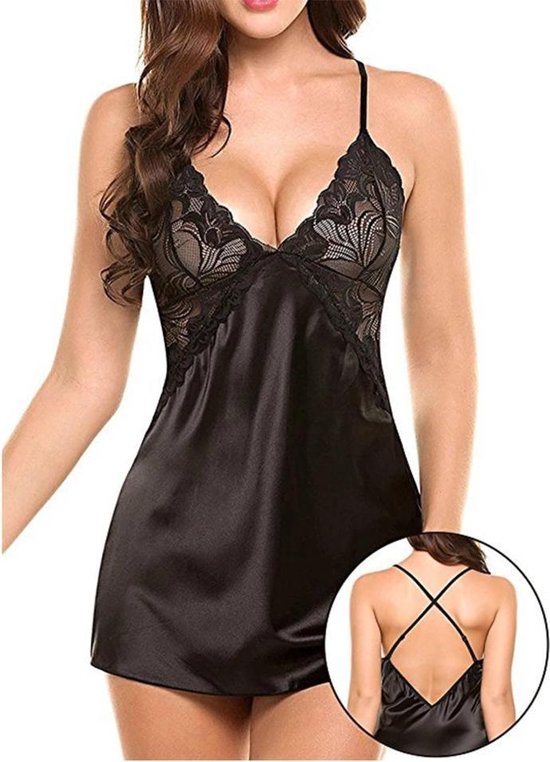 LOUZIR Satijnen nachtjurk- sexy lingerie- nachtjapon- Nachtkleding- zwart |  bol.com