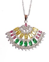 luxe ketting sieraad multi geel groen en rode kleur cubic zirconia zilver kleur.