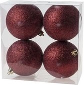 8x Donkerrode kunststof kerstballen 10 cm - Glitter - Onbreekbare plastic kerstballen - Kerstboomversiering donkerrood