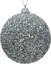 10x Zilveren glitter/kralen kerstballen 8 cm kunststof - Onbreekbare kerstballen - Kerstboomversiering zilver