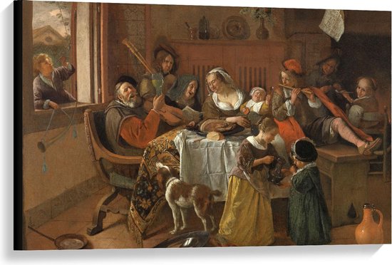 Canvas  - Oude Meesters - Het vrolijke huisgezin, Jan Havicksz. Steen, 1668 - 90x60cm Foto op Canvas Schilderij (Wanddecoratie op Canvas)