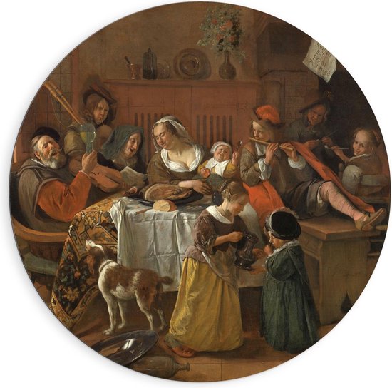 Dibond Wandcirkel - Oude Meesters - Het vrolijke huisgezin, Jan Havicksz. Steen, 1668 - 90x90cm Foto op Aluminium Wandcirkel (met ophangsysteem)