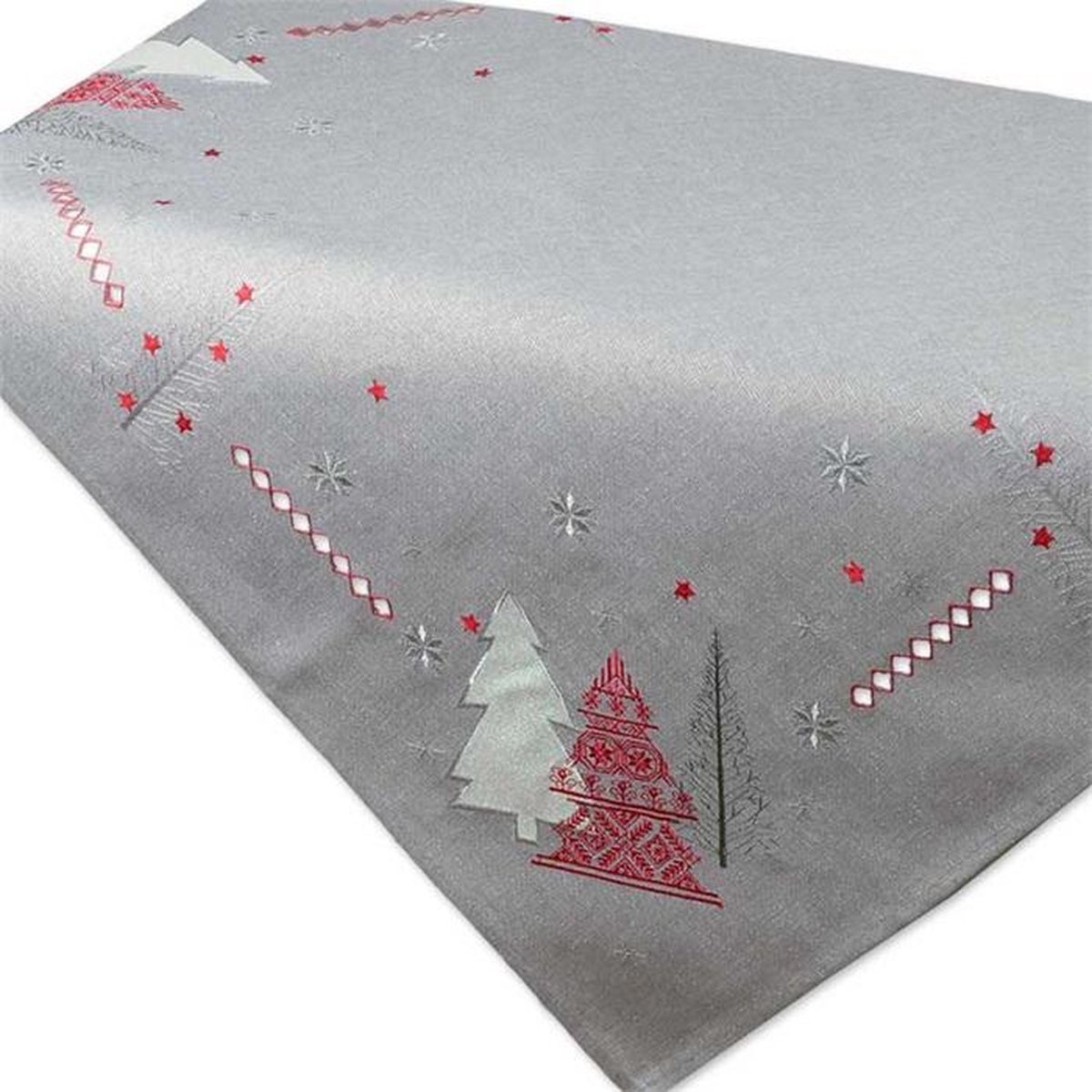 Kerst - Tafelloper - licht grijs met Kerstbomen in rood, wit en grijs er opgestikt - Loper 150cm