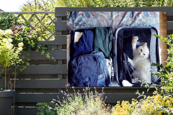 Chat dans une valise affiche de jardin toile en vrac 160x120 cm - Toile de jardin / Toile d'extérieur / Peintures d'extérieur (décoration de jardin) XXL / Groot format!