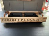 Serveerplank / hapjesplank / hapjesbak / kerstpakket / tekst BORRELPLANKJE / inclusief 2 zwarte bakjes / eigen tekst mogelijk / vaderdag / moederdag / verjaardag / cadeau
