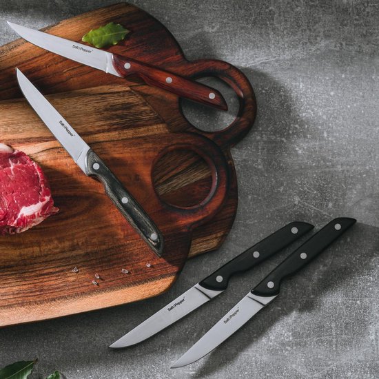 set van 4 steakmessen - steakmessen - handgrepen verschillende kleuren - cadeauverpakking - hout - Blade