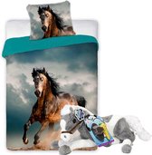 Paarden dekbedovertrek set 140 x 200 cm, incl. super zachte paarden knuffel - 60 cm - grijs/wit - met verzorging set -kinderen slaapkamer - eenpersoons dekbed